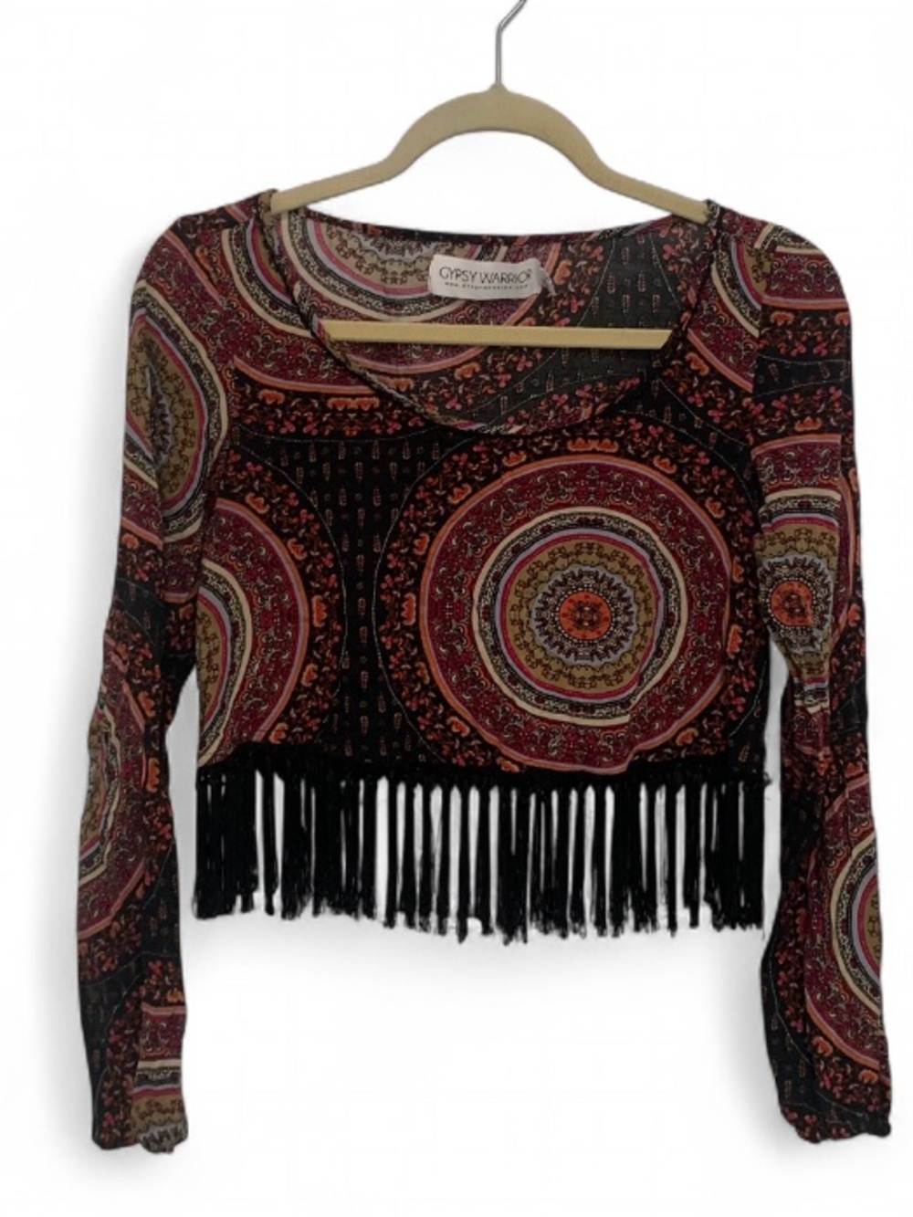 Gypsy Warrior Black Red Tan Boho Print Medallion Fringe Long Sleeve Crop Top